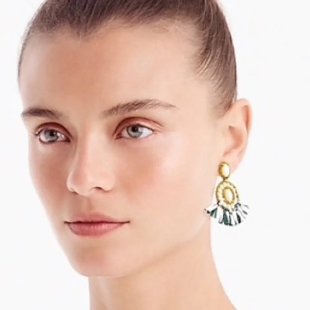 NWT! J. Crew Bead and Raffia Fringe Stone Drop Earrings And Dust Bag